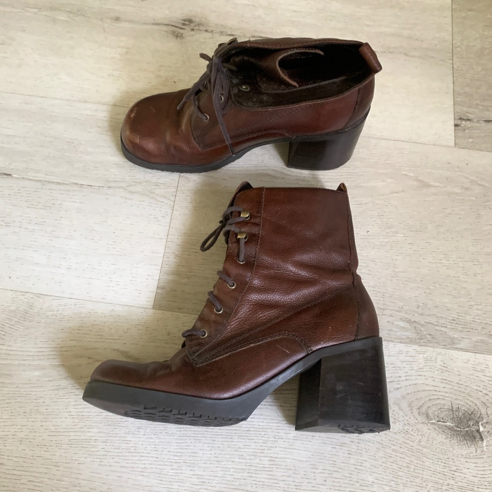 Bass Lauren W Brown Leather Lace Up Block Heel Ankle Boots Womens 9M QDY3
